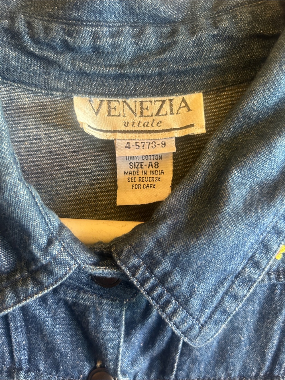 Vintage Venezia Blue Denim Button-Front Dress Floral Embroider size A8 cottage - Picture 4 of 5